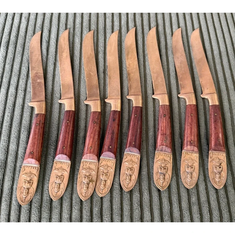 Vintage Set of 8 Beng Hwa Made in Siam Brass Handle Wood Blade Steak Knives MCM